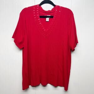 M Collection Womens Red Sweater 2X Beaded Short Sleeve Fairy Holiday Christmas